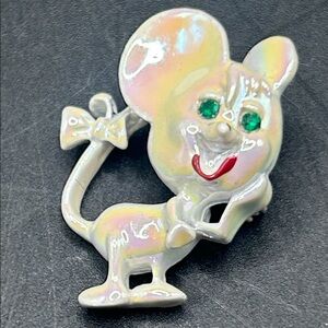 Vintage Iridescent Enameled Metal Mouse Brooch with Green Crystal Eyes Jewelry